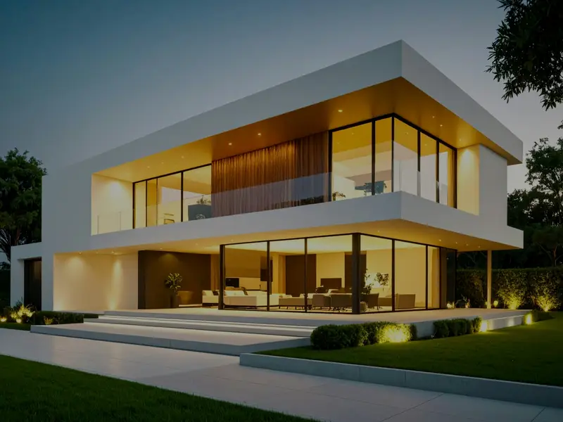 Contemporary house with a pool at dusk